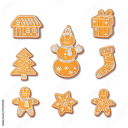 Gingerbread cookies set vector isolated illustration on a white background. New year baked cartoon sweet cake gingerbread man, stocking snowflake. Traditional winter holiday home treat