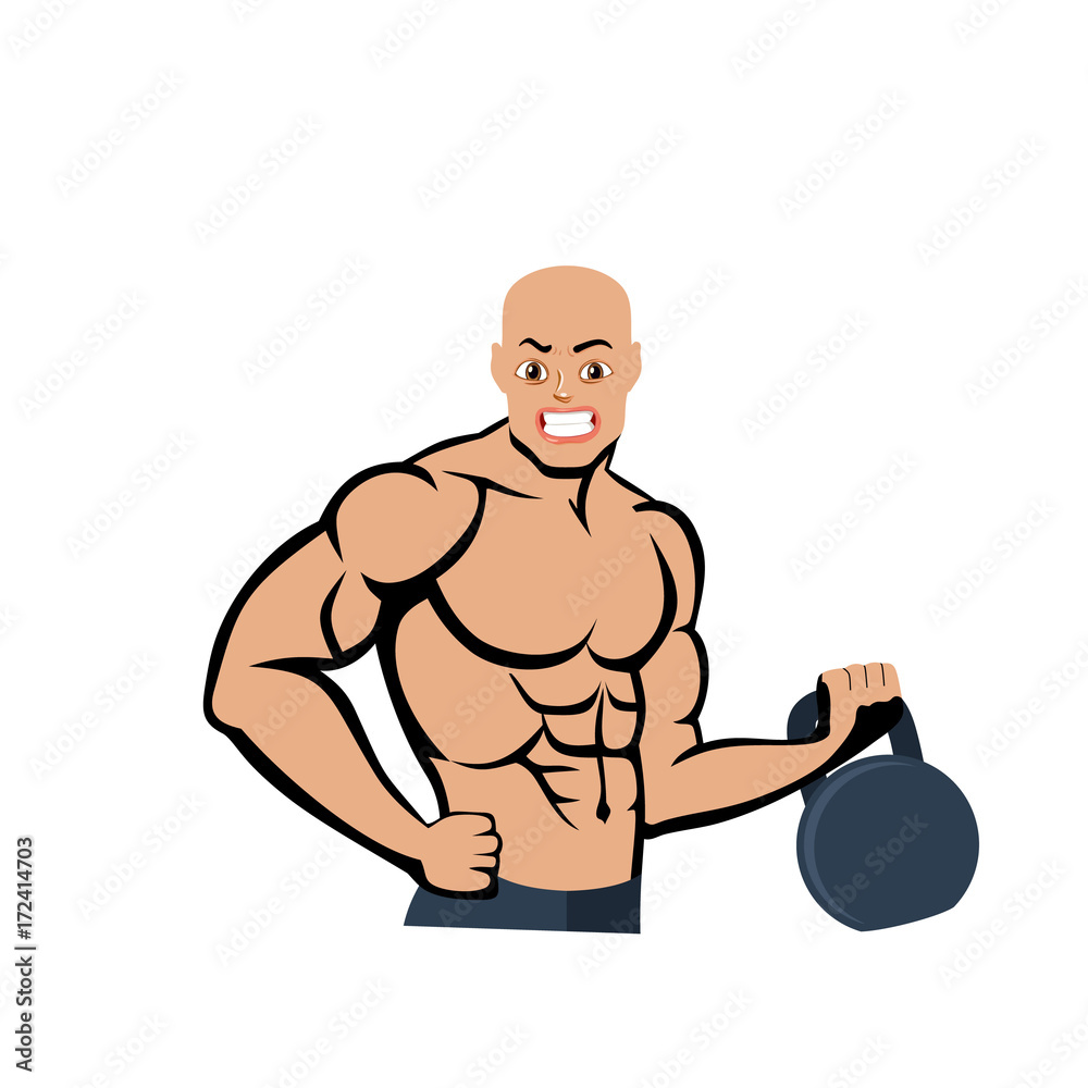Bald bodybuilder with weight, cartoon on a white background.