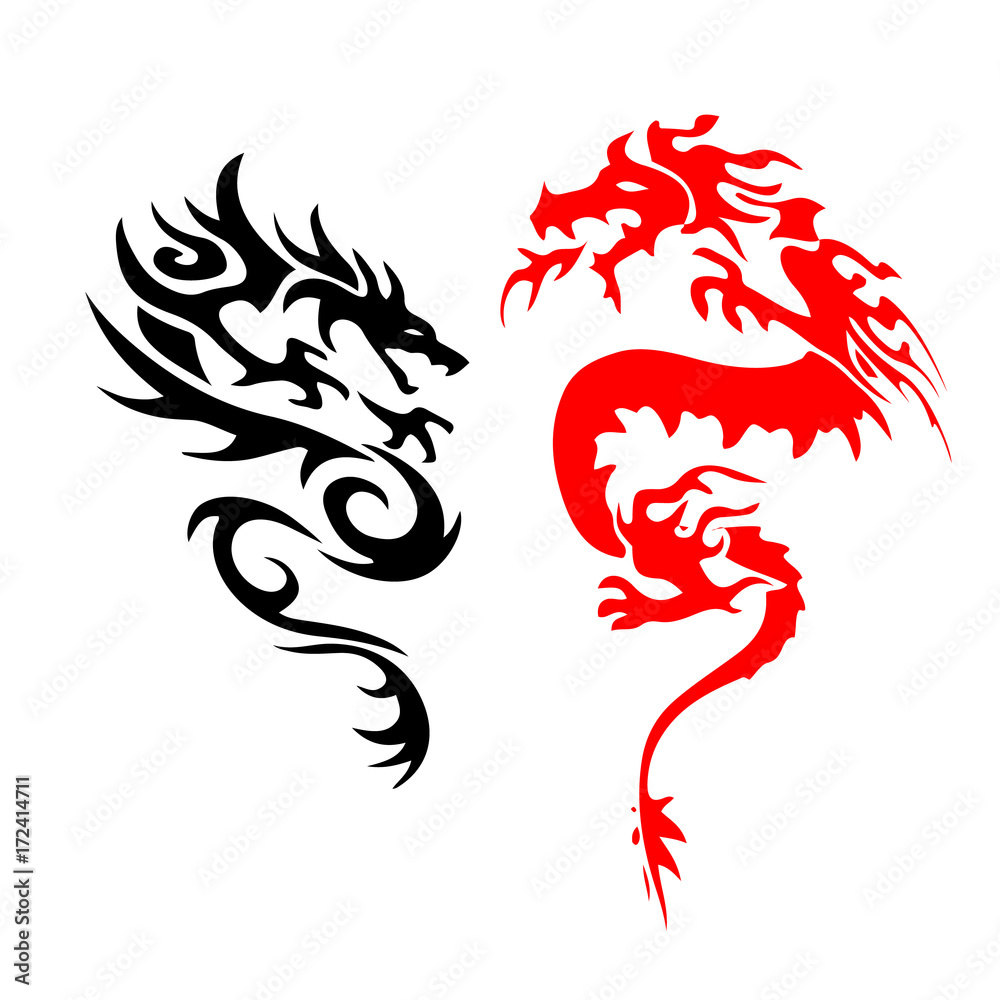 Tattoo silhouette two dragon attacking. On white background.