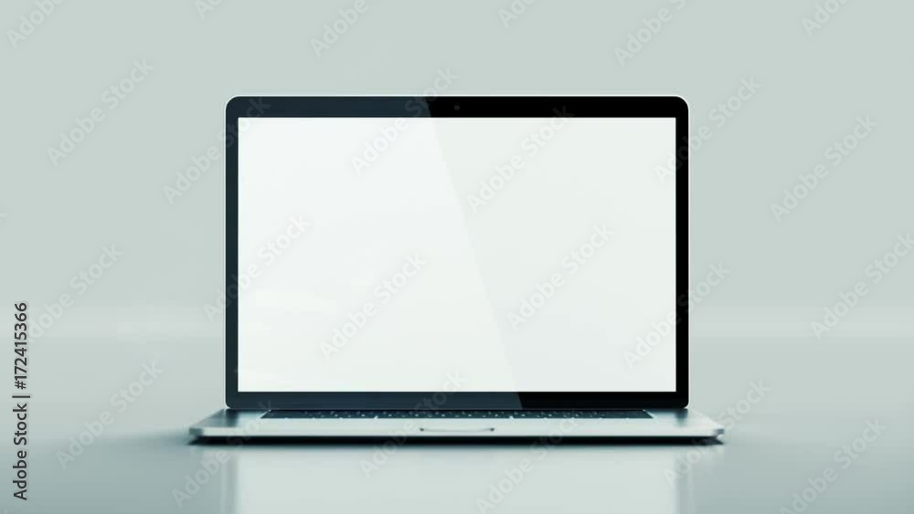 Moderner Laptop bewegt sich drehend auf die Kamera zu und öffnet sich dabei Moderner Laptop bewegt sich drehend auf die Kamera zu und öffnet sich dabei