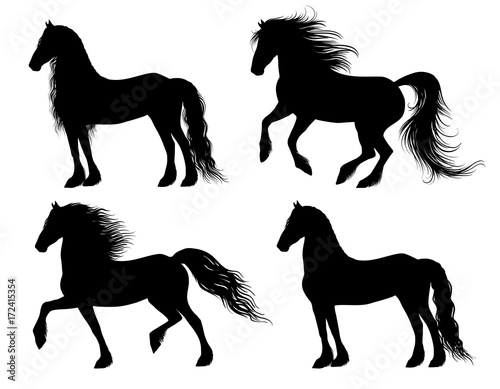 Set of 4 friesian horse silhouettes  different allures