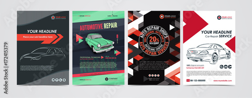 Auto repair Services business layout templates set, cars for sale & rent brochure, mockup flyer. Vector illustration.