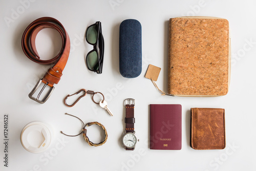 Men's accessories and essential travel items on white background, flat lay fashion and beauty concept
