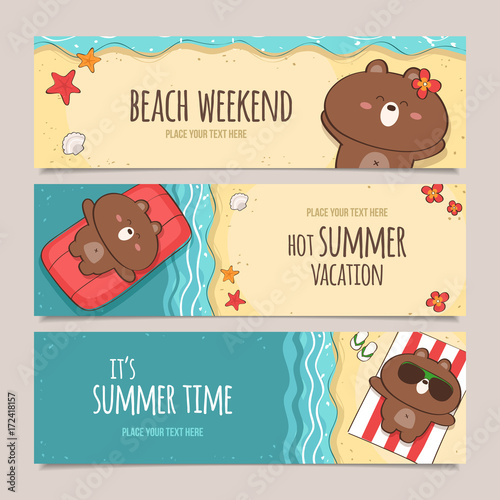 set of horizontal banners with cute bear character enjoying summer vacations on the beach.