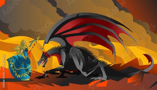 blonde valkyrie warrior with black dragon in the fire