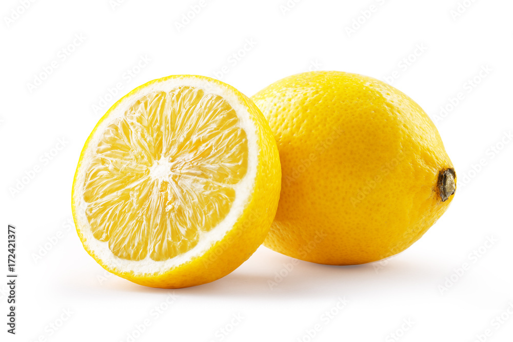 Lemon fruit isolated on white background. Whole fruit and half Lemon fruit isolated on white background. Whole fruit and half