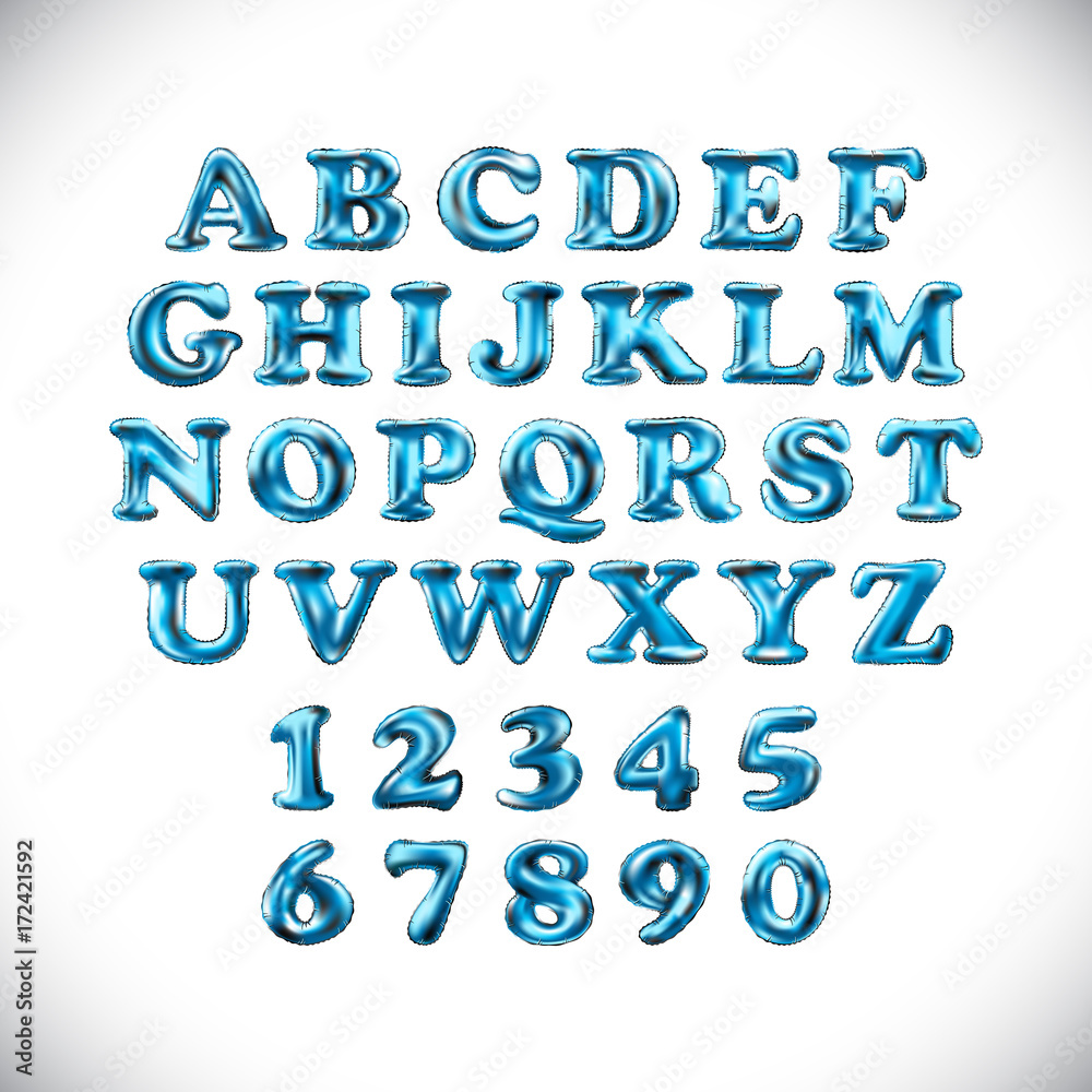 English alphabet and numerals from light blue balloons on a white background. holidays and education