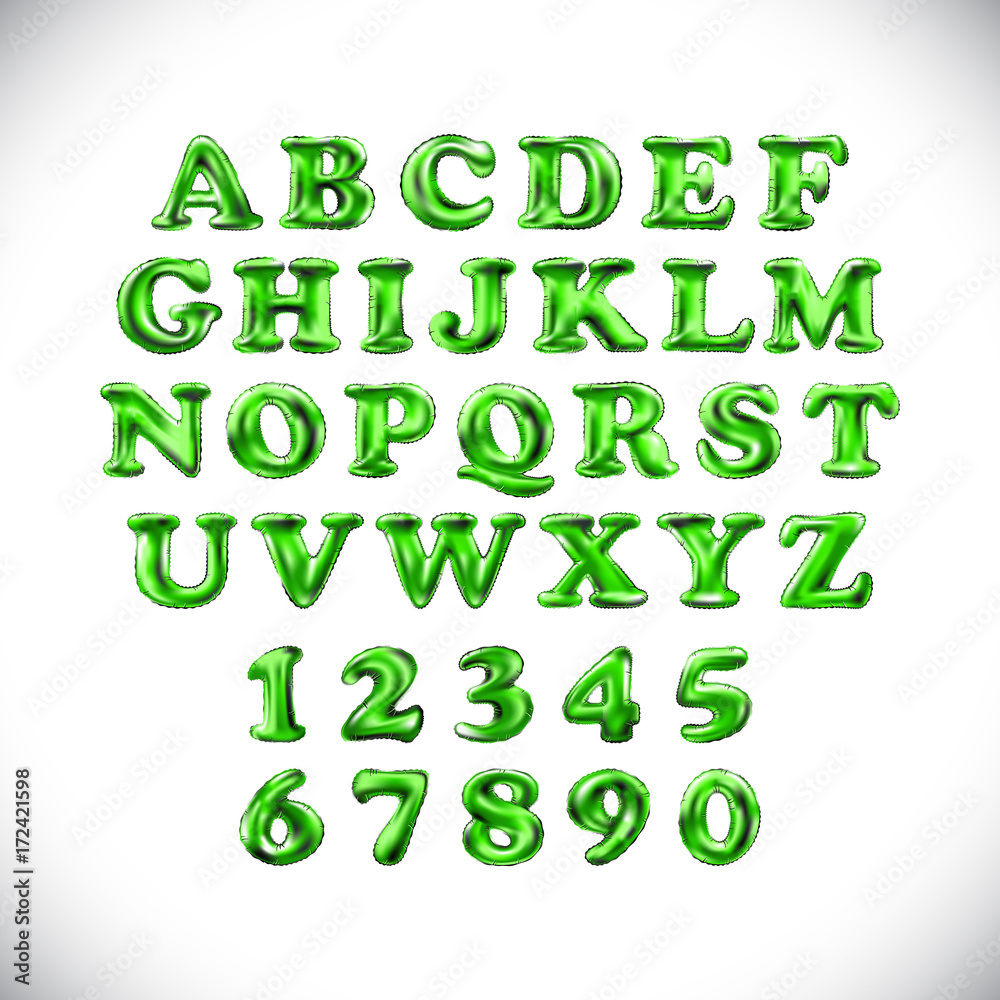 English alphabet and numerals from green balloons on a white background. holidays and education