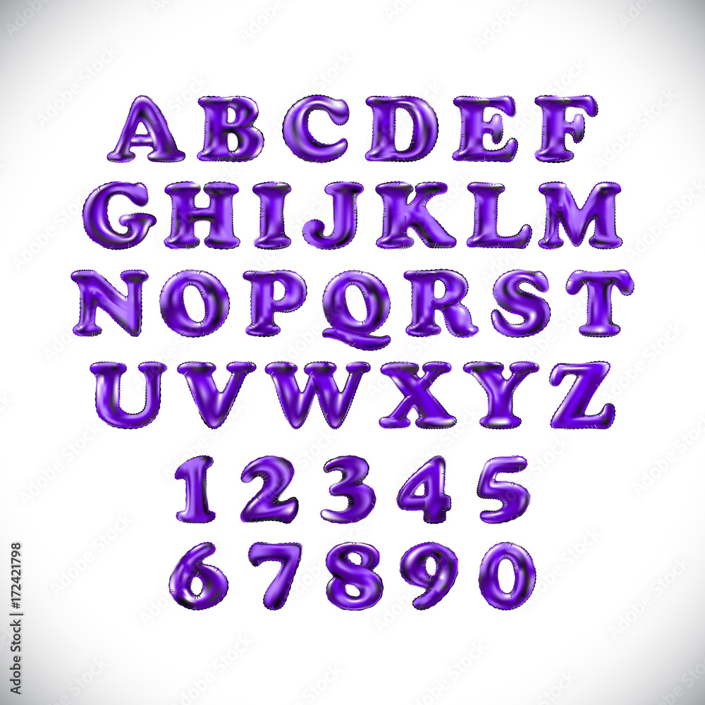 English alphabet and numerals from purple, violet balloons on a white background. holidays and education