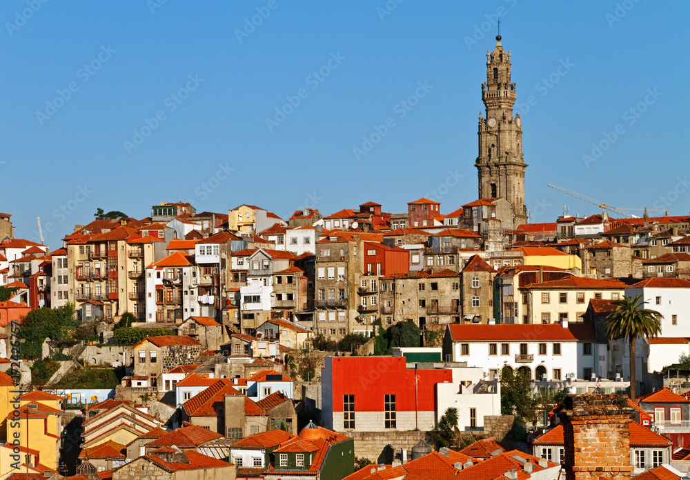 Cityscape with one of the symbols of Porto  the bell tower Clerigos Church, Portugal.