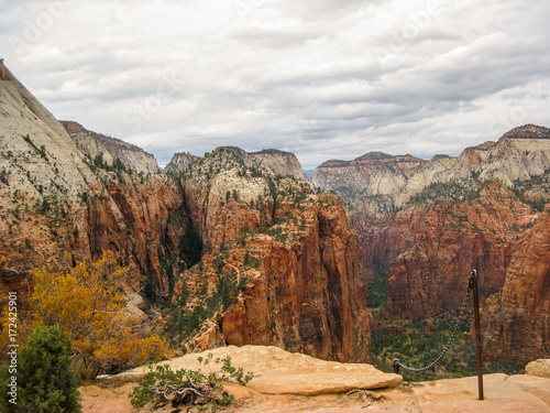 View from Angels Landing trail into valley in autumn, Zion National Park, Utah, USA