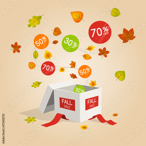 Special fall offer sale discount symbol with open gift and flow labels and leaves isolated on light background. Easy to use for your design with transparent shadows.