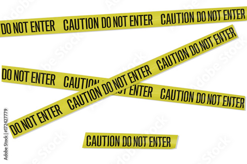 Assorted sections of yellow warning tape with words saying caution do not enter isolated on a white background.