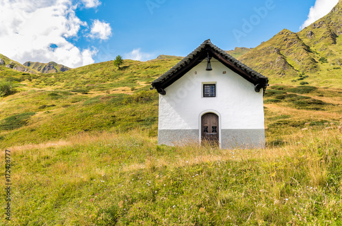 Chapel at mountain of Piora Valley on the Swiss alps. 