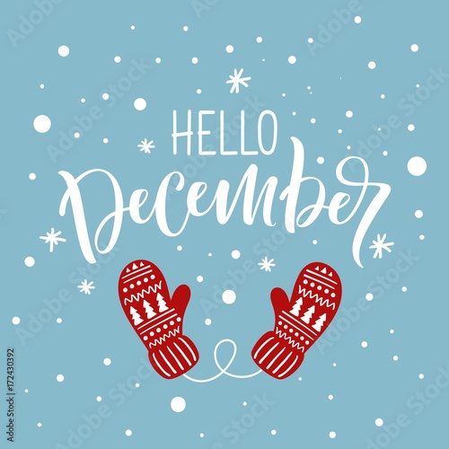 Holiday greeting card with handwritten modern lettering "Hello, December".
