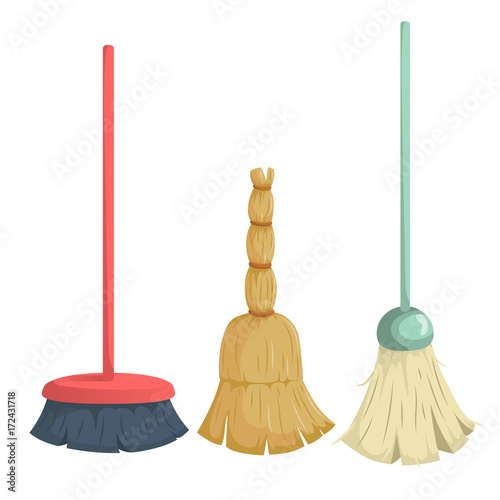 Cartoon trendy broom icons set. Vintage natural and modern plastic brooms. Hygiene and home cleaning vector illustration.