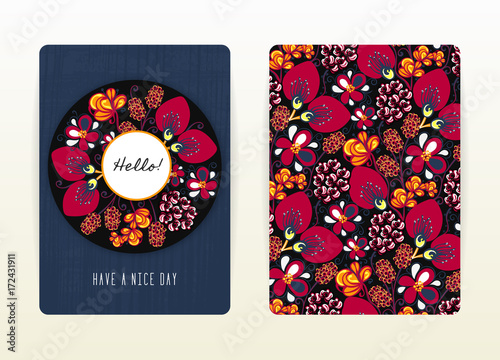 Cover design with floral pattern. Hand drawn creative flowers. Colorful artistic background with blossom. It can be used for invitation, card, cover book, notebook. Size A4. Vector illustration, eps10