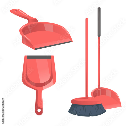 Cartoon trendy cleaning service icons set. Modern red plastic broom and different  dustpans.