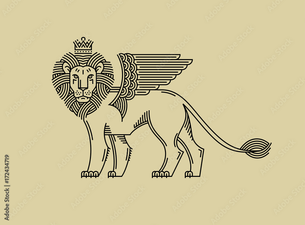 Obraz premium Griffin, lew w koronie ze skrzydłami w stylu graweru liniowego dla logo premium lub herbu. Lew z koroną symbol władzy, siły, bezpieczeństwa.