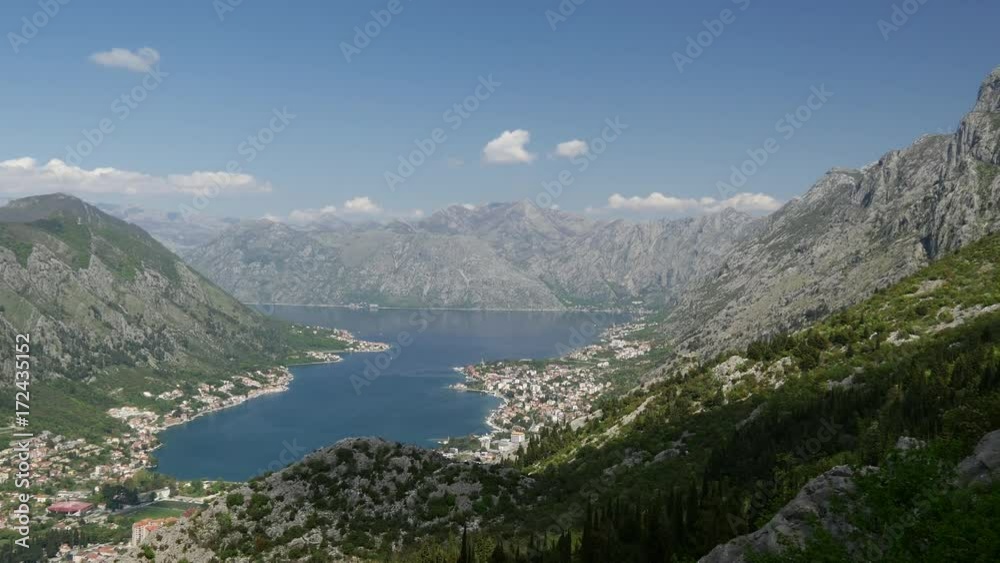 Pan from Kotor Bay from a mountain in Montenegro Pan from Kotor Bay from a mountain in Montenegro