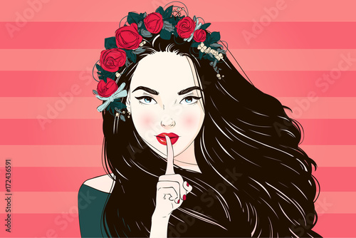 Portrait of young beautiful woman with flowers in long hair. Vector hand drawn illustration.