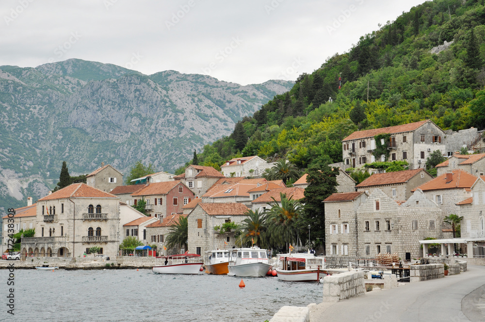 Embankment of the city of Pirast with boats in the Bokko-Kotorska bay