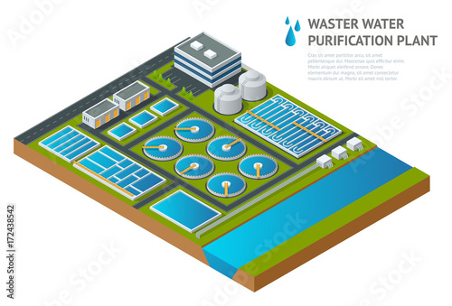 Vector isometric storage tanks in sewage water treatment plant. Illustration scientific article. Pictogram industrial chemistry cleaner Discharge of liquid chemical waste