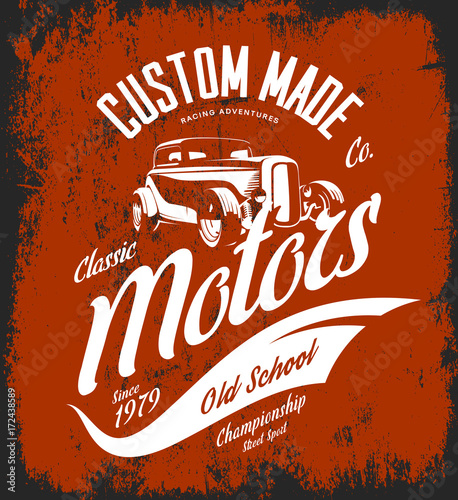 Vintage custom hot rod motors vector logo concept isolated on red background.