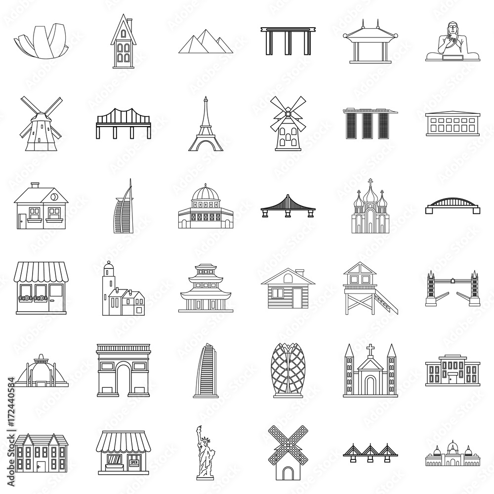 Paris icons set, outline style