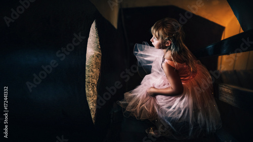 little princess in an old castle.a little girl with blond hair in a light pink dress in an old stone house with stems photo