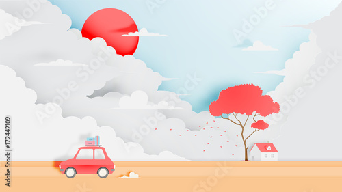 Road trip with car and natural pastel color scheme backgroud