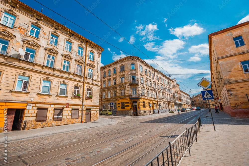 LVIV, UKRAINE - AUGUST 27, 2017: Ancient street of Lviv