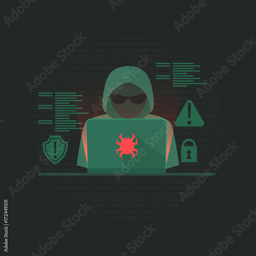Hacker activity banner. Programmer writes viruses and hacks. Dos attack.