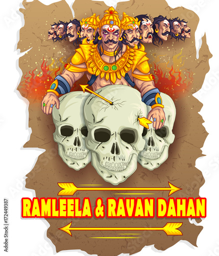 illustration of Lord Rama with bow arrow killing Ravan in Dussehra Navratri festival of India poster