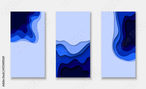 Cover or flyer template with 3d abstract paper cut blue background. Vector template in carving art style. Modern design.