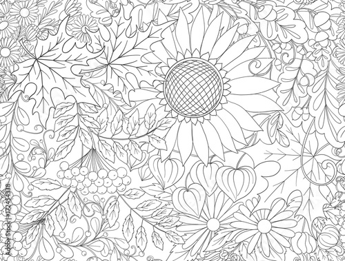 Seamless pattern, background with autumn flowers, leaves and pla