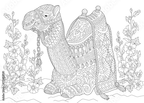 Fototapeta Naklejka Na Ścianę i Meble -  Coloring page of camel sitting among mallow flowers in desert oasis. Freehand sketch drawing for adult antistress coloring book in zentangle style.