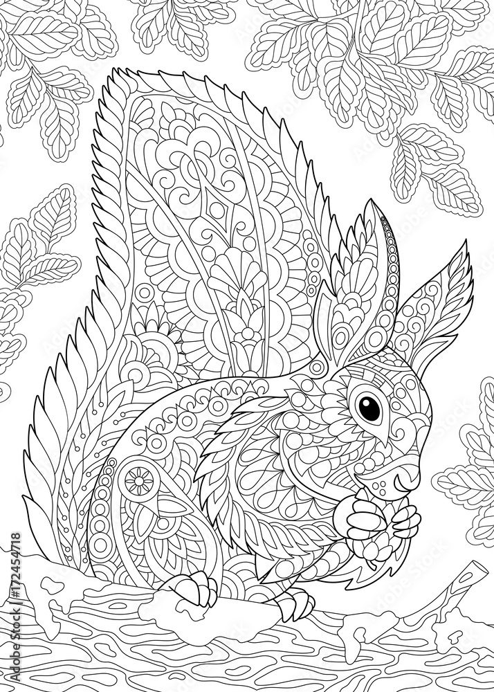 Coloring Page Of Squirrel Eating Pine Cone Freehand Sketch Drawing For Adult Antistress Coloring Book In Zentangle Style Stock Vector Adobe Stock