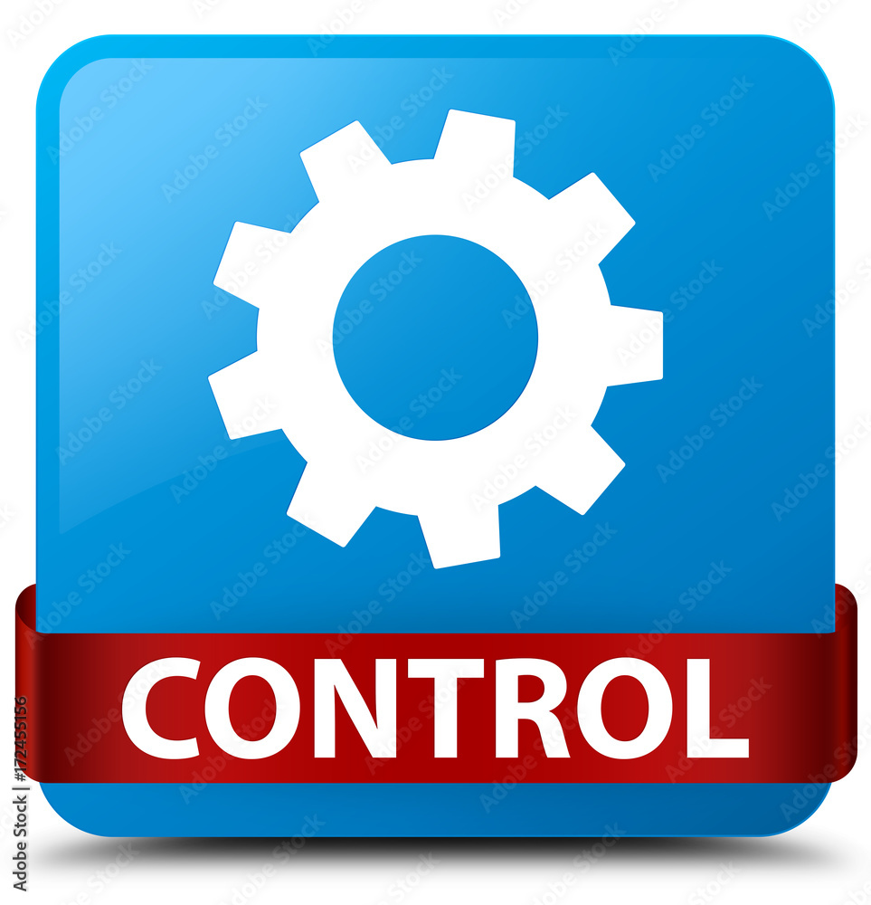 Control (settings icon) cyan blue square button red ribbon in middle