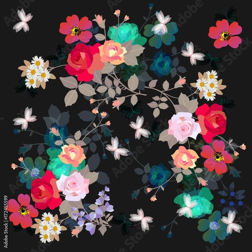 Wallpaper Mural Bright multicolor floral pattern with bouquets of beautiful flowers and butterflies on black background. Torontodigital.ca