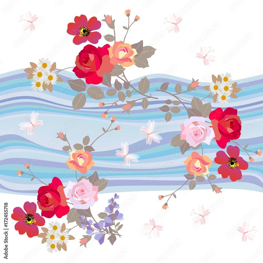 Seamless floral pattern with bouquets of gardening flowers on waves background.