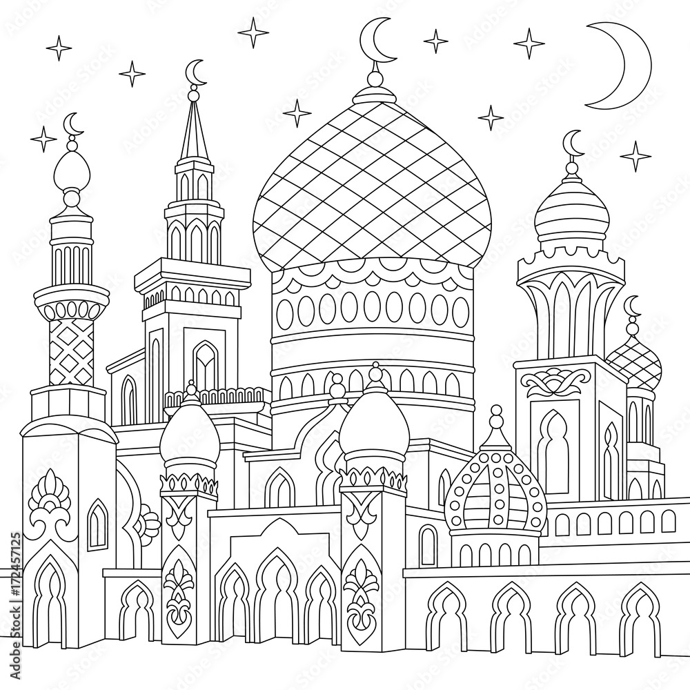 Coloring page of turkish mosque, crescent moons, twinkling stars. Islamic traditional celebration of Ramadan holiday. Freehand sketch drawing for adult antistress coloring book in zentangle style.
