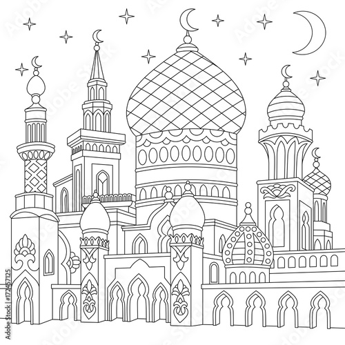 Coloring page of turkish mosque, crescent moons, twinkling stars. Islamic traditional celebration of Ramadan holiday. Freehand sketch drawing for adult antistress coloring book in zentangle style.