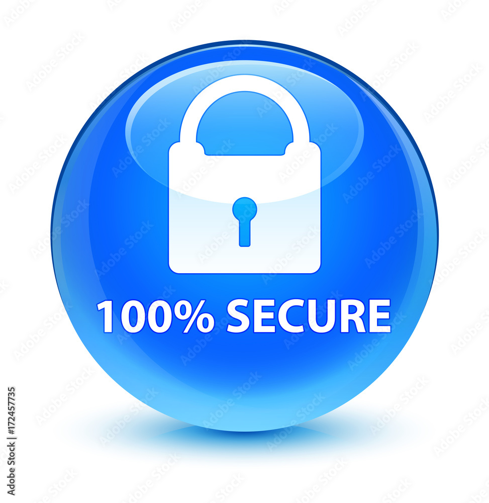100% secure glassy cyan blue round button 100% secure glassy cyan blue round button