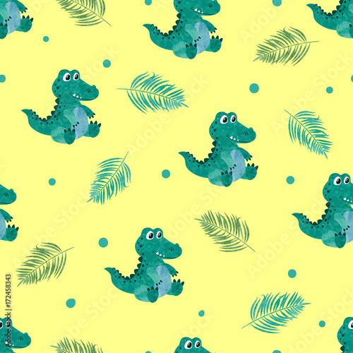 Cute crocodiles on yellow background. Seamless vector pattern for kids.