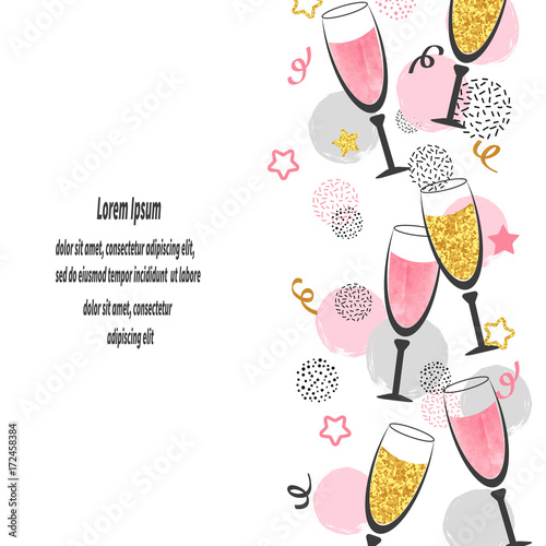 Champagne glasses background with place for text. Celebration vector border.