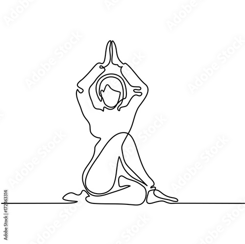 Continuous line drawing. Woman doing exercise in yoga pose. Vector Illustration