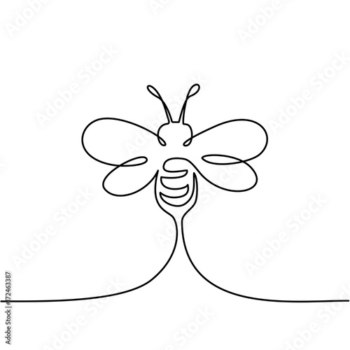 Continuous one line drawing. Flying bee logo. Black and white vector illustration. Concept for logo, card, banner, poster, flyer