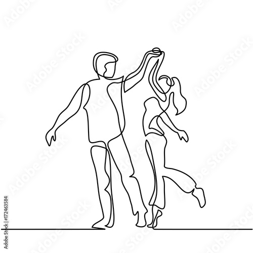 Continuous line drawing. Happy loving couple dancing. Vector illustration