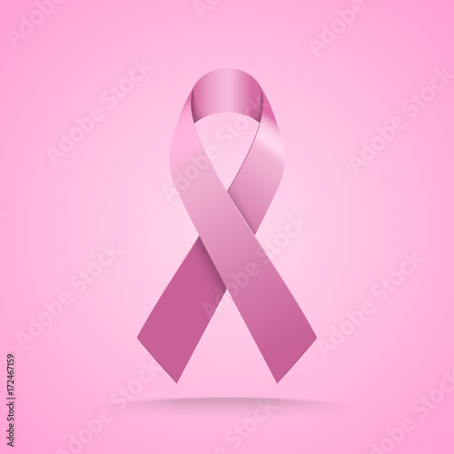 Realistic pink ribbon. Breast cancer awareness symbol on pink background.